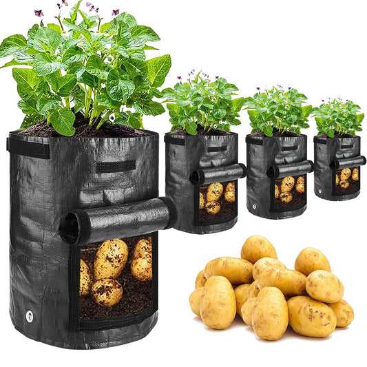 JJGoo Potato Grow Bags, 4 Pack 10 Gallon with Flap and Handles Planter Pots for Onion, Fruits, Tomato, Carrot - Black