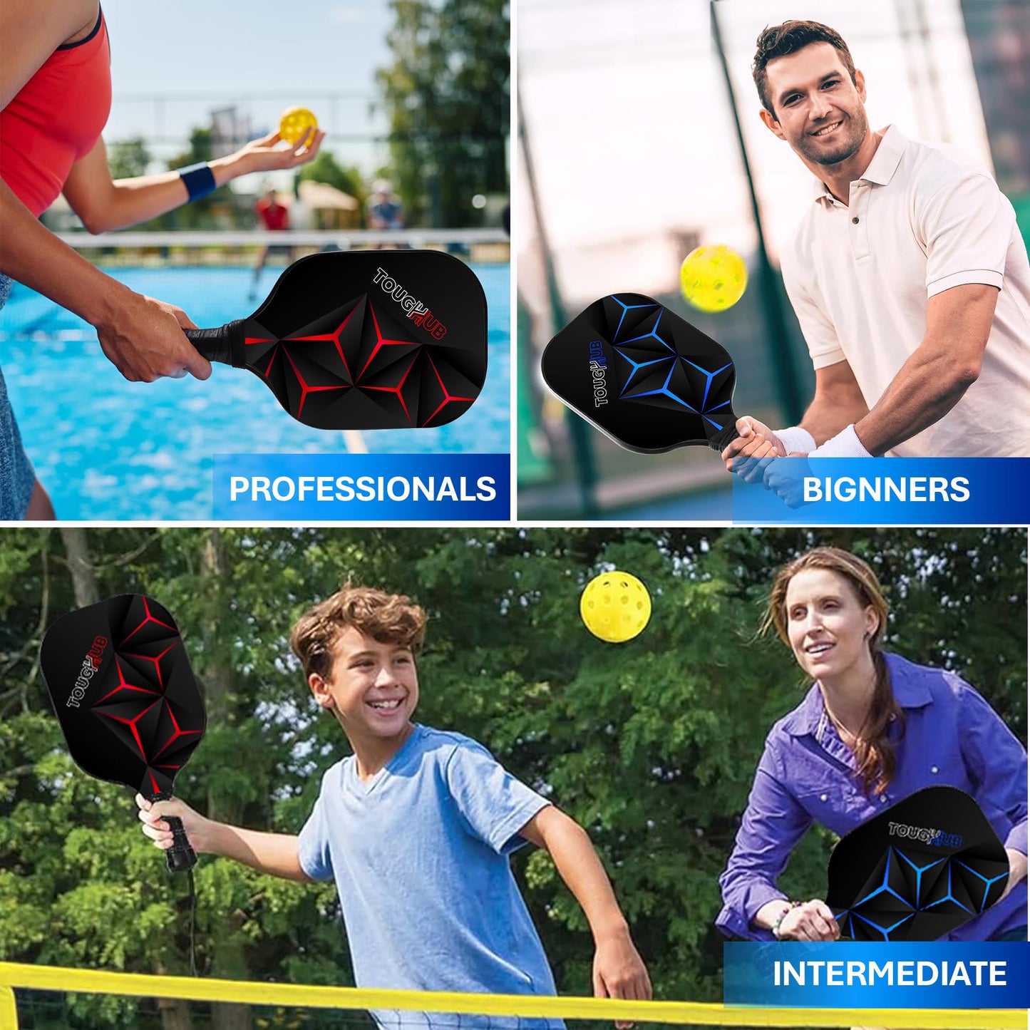 Toughhub Pickleball Paddles Set of 2 Rackets and 4 Pickleball - Fiberglass Surface Pickleball Set with Lightweight and Non Slip Grip - Pickle Ball Paddle Set for Beginners & Professional