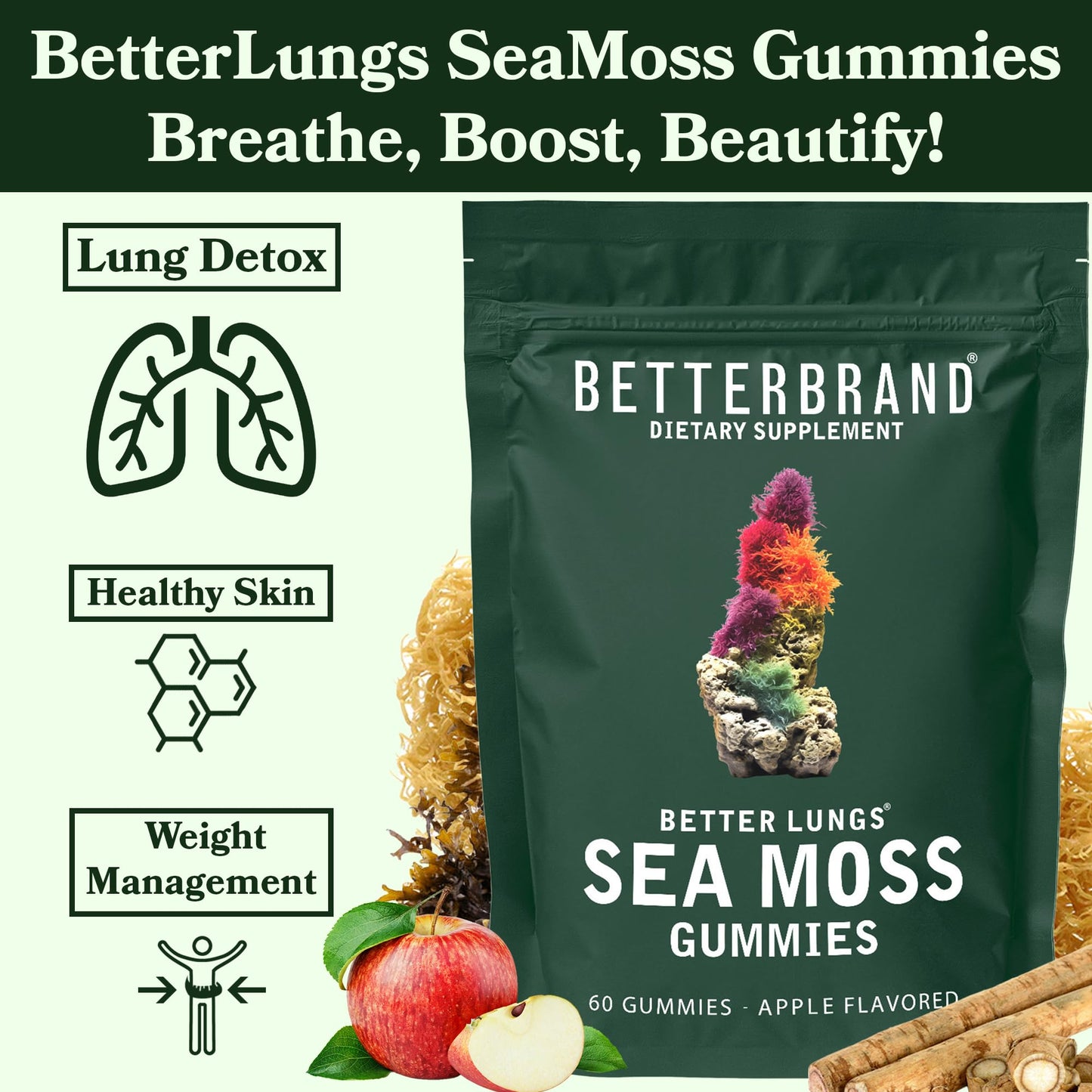 Betterbrand BetterLungs Sea Moss Gummies 1600mg Organic Irish Sea Moss for Lung and Immune System Support 1000mg Organic Bladderwrack and Burdock Root - 60 Count Apple Flavored (30 Days Supply)