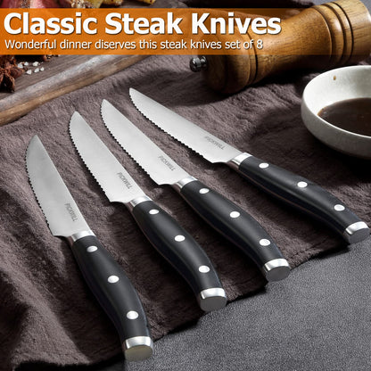 PICKWILL Steak Knives Set of 8, Serrated Classic Steak Knife Set, High Carbon Stainless Steel Kitchen Steak Knives with Full Tang Handle, 4.5 Inch Dinner Knives with Gift Box, Black