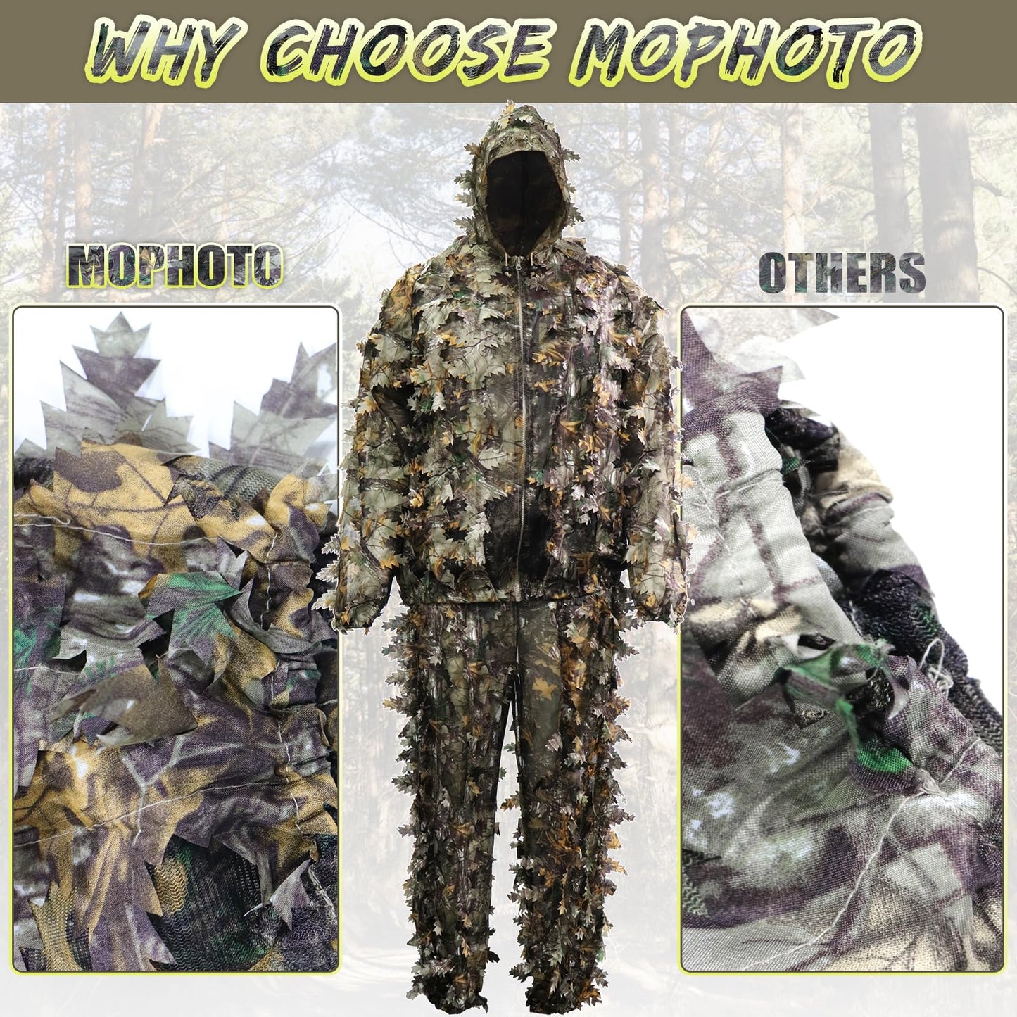 MOPHOTO Ghillie Suit 3D Leafy Camo Hunting Suits, Woodland Gilly Suits Gillies Suits for Men, Leaf Camouflage Hunting Suits