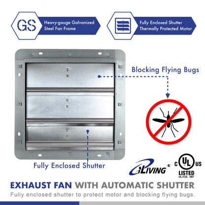 iLIVING 12" Wall Mounted Shutter Exhaust Fan, Automatic Shutter, with Thermostat and Variable Speed controller, 0.6A, 960 CFM, 1400 SQF Coverage Area Silver (ILG8SF12V-ST)