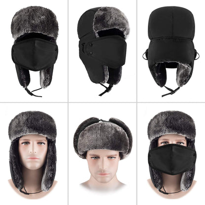 Mysuntown Unisex Winter Trooper Trapper Hat Hunting Hat Ushanka Ear Flap Chin Strap and Windproof Mask,Black,22-24 Inches ,One Size Fits All