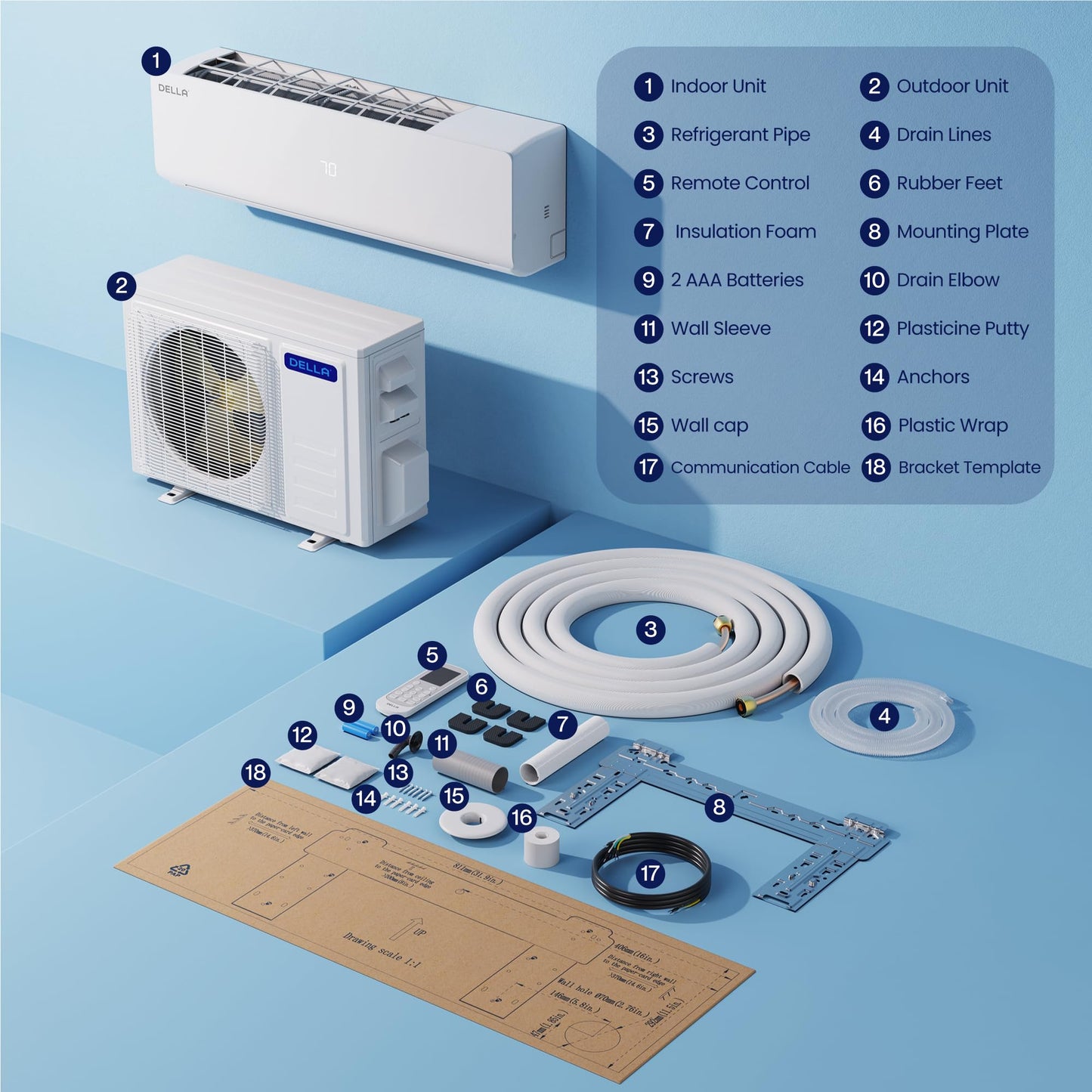 DELLA Versa Series 9000 BTU Mini Split Air Conditioner Work with Alexa 19 SEER2 Cools Up to 400 Sq.Ft Energy Efficient Ductless Inverter System, Heat Pump Pre-Charged and 16.4ft Installation Kits