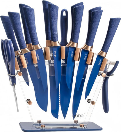 elabo Kitchen Knife Set - 16 Pieces Stainless Steel Knives, Rose Gold Handle Includes 6 Sharp Knives, 6 Serrated Steak Knives, Scissors, Peeler, Knife Sharpener with Block, Blue