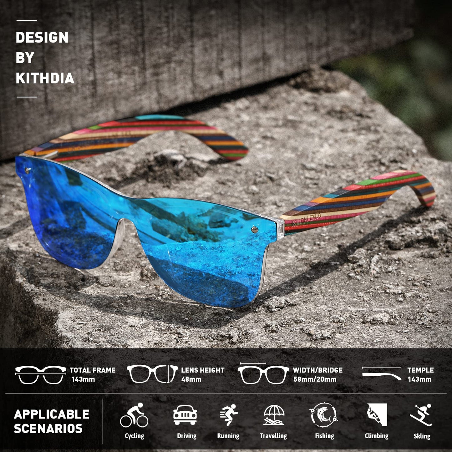 KITHDIA Zebra Wooden Bamboo Sunglasses Polarized for Men and Women - Wood Temples Sunglasses S5029 (5029C-Blue)