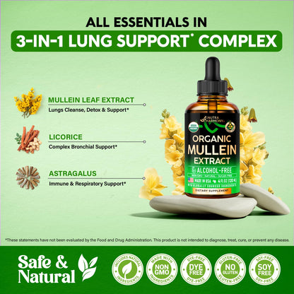 Mullein Drops for Lungs - USDA Organic Liquid - Mullein Leaf Extract Supplement - Made in USA - Lung & Bronchial Cleanse for Smokers - Respiratory Health Support - As Tincture, Tea, Pills - 4 fl oz