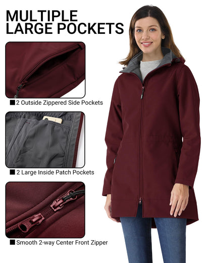 Outdoor Ventures Women's Softshell Jacket with Removable Hood Fleece Lined Windbreaker Insulated Long Warm Rain Jacket