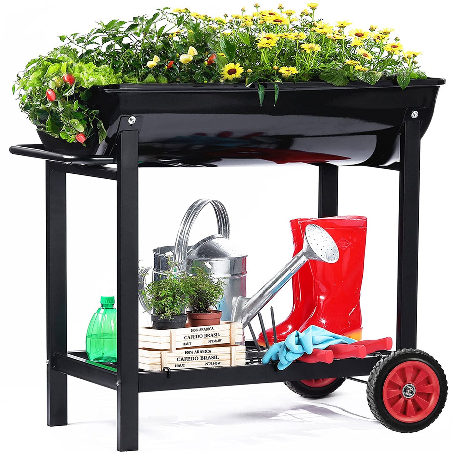 Aveyas Metal Raised Planter Box on Wheels with Gardening Kit, Elevated, Mobile Garden Bed Cart with Legs -Compatible with Indoor & Outdoor Patio, Backyard Planting of Vegetables, Herbs, Flowers