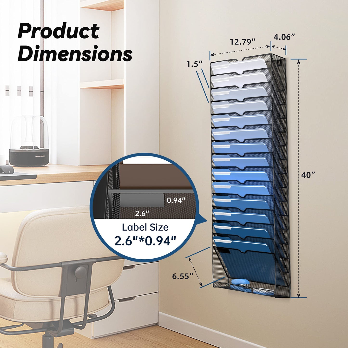 DALTACK Wall File Holder 16 Tier Hanging Wall File Organizer, for Papers Mails Folders Clipboard Magazine Organization, for Office Home, 2 Pack, Mesh Metal, Black