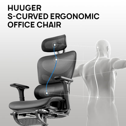 Huuger Mesh Office Chair with Footrest, Ergonomic Desk Chair with Lumbar Support, Comfortable Gaming Chair with Multi-tilt Angle Backrest, Headrest and 3D Armrest, Large Steel Base, Black