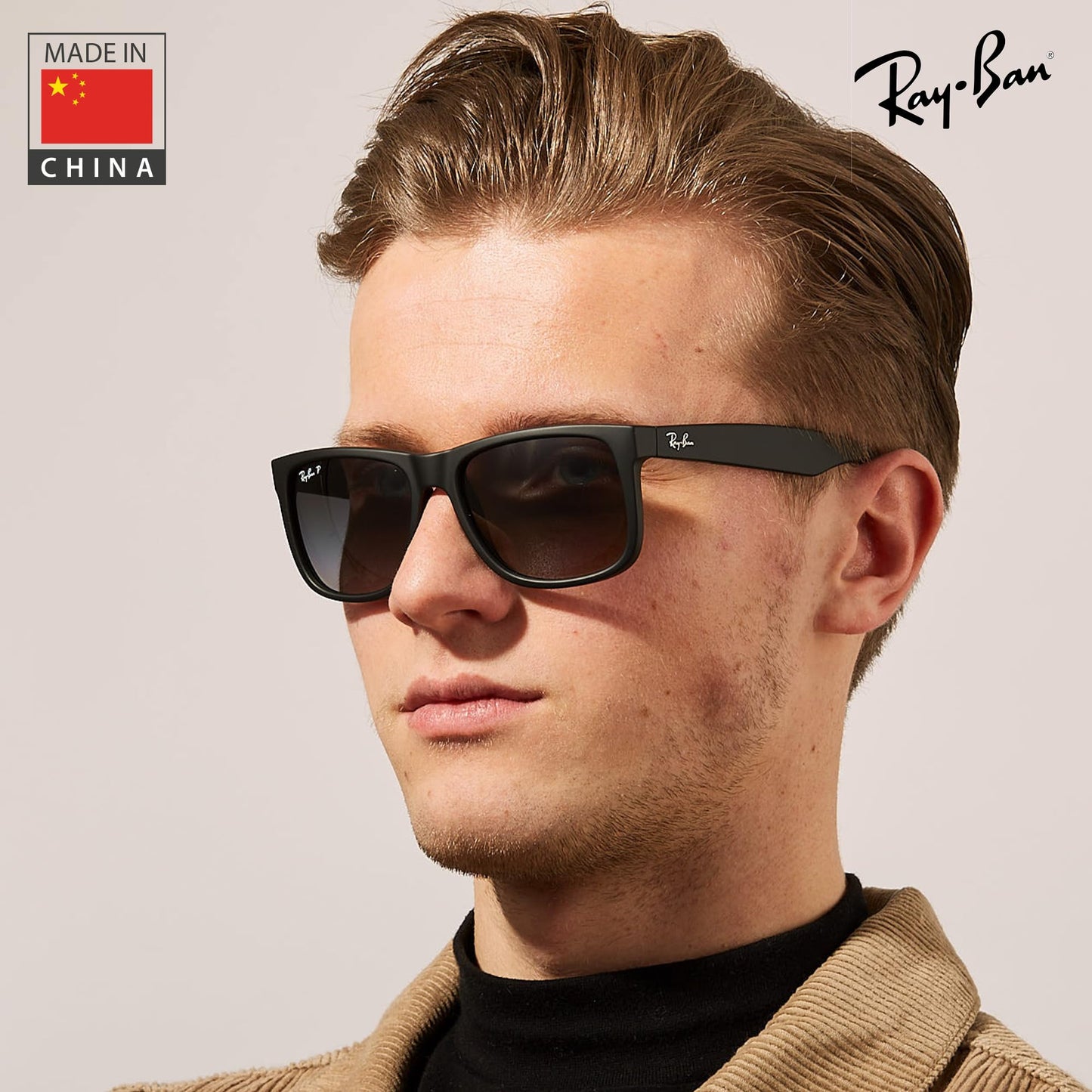 Ray-Ban RB4165 JUSTIN Classic Square Shape Sunglasses With Eyewear Kit Bundle - High Bridge Fit - Ideal Formal and Casual Wear Square Sunglasses