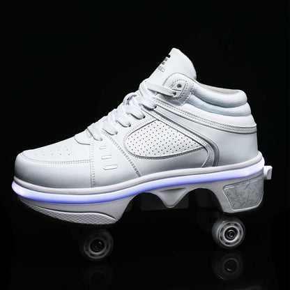 2-in-1 Roller Skates Shoes with Retractable 4 Wheels & Pop-Out Deformation Sneakers Outdoor Sports Skating Shoes for Girls Boys