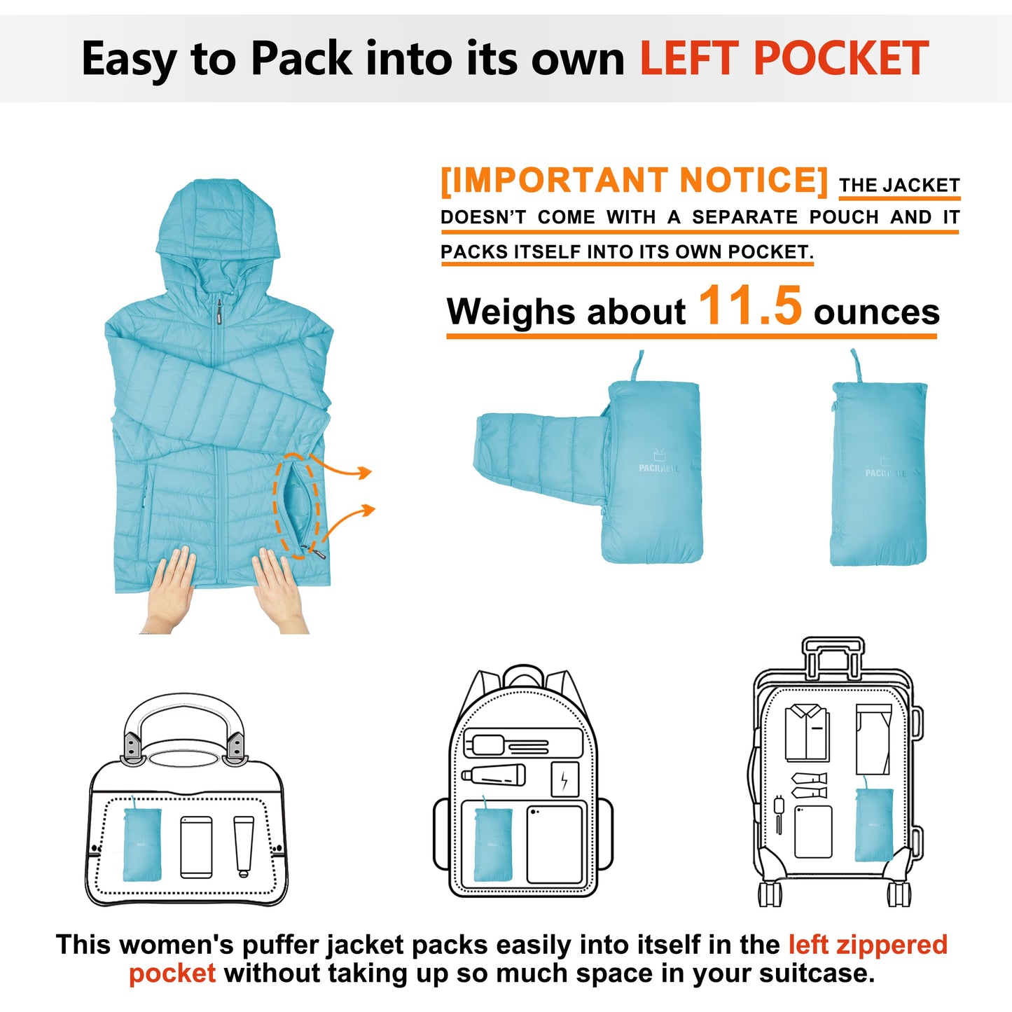 Outdoor Ventures Women's Packable Lightweight Full-Zip Puffer Jacket with Hood Quilted Winter Coat