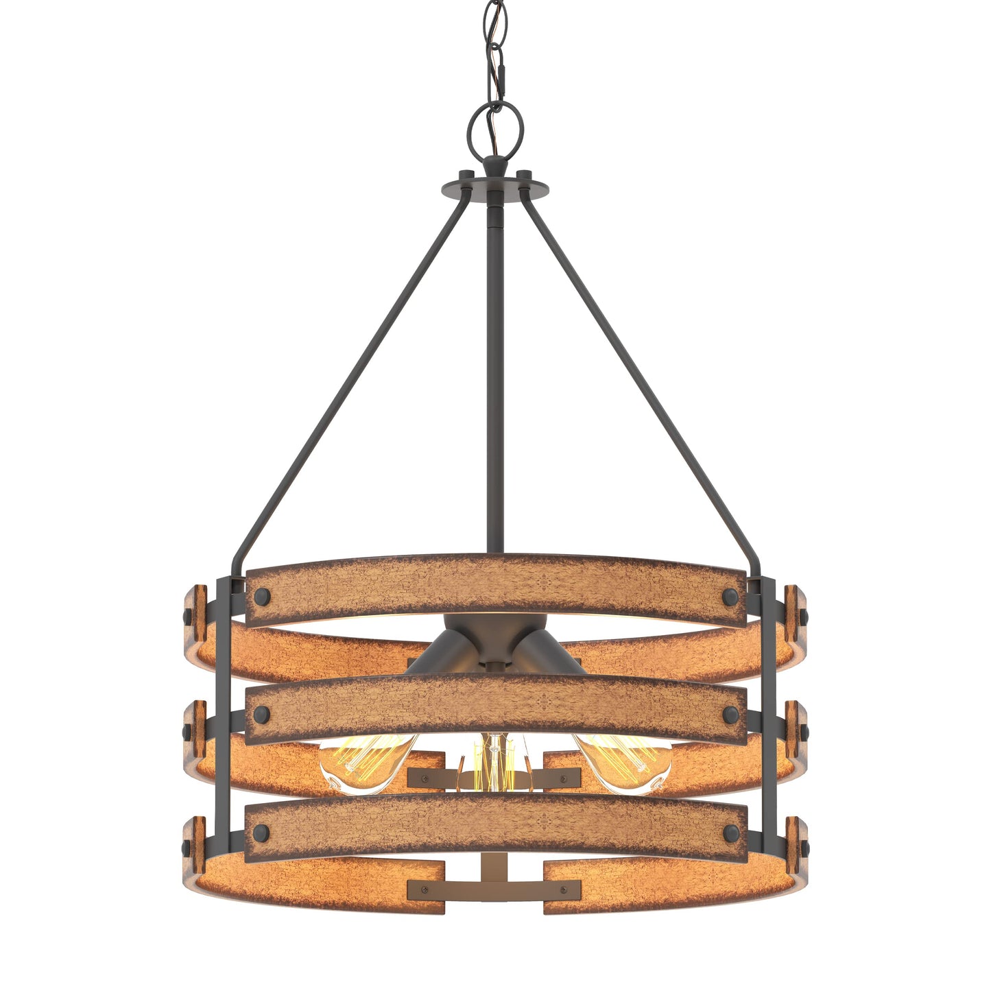 Inlight 18" Rustic and Industrial Design Farmhouse 3-Light Pendant for Kitchen Island, Textured Black and Faux Weathered Wood Finish, Metal Circular Hanging Chandelier for Foyer, IN-0335-3-WD