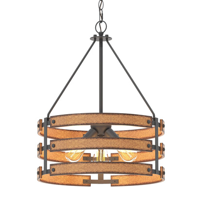 Inlight 18" Rustic and Industrial Design Farmhouse 3-Light Pendant for Kitchen Island, Textured Black and Faux Weathered Wood Finish, Metal Circular Hanging Chandelier for Foyer, IN-0335-3-WD