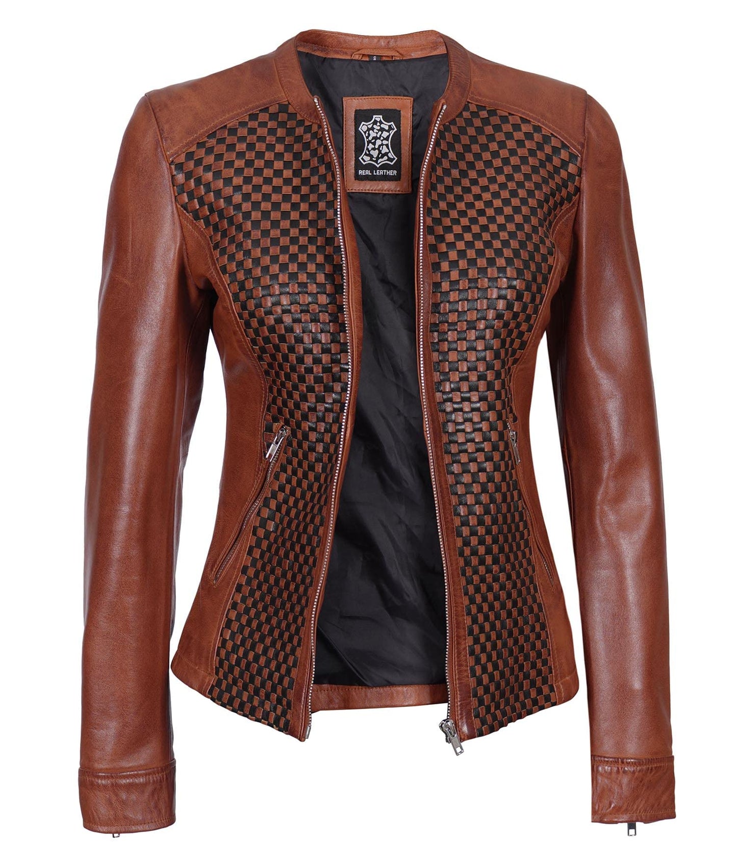 Blingsoul Womens Brown Leather Jacket With Black Textured Style - Cafe Racer Leather Jacket For Women | [1311534] Maude Brown, L