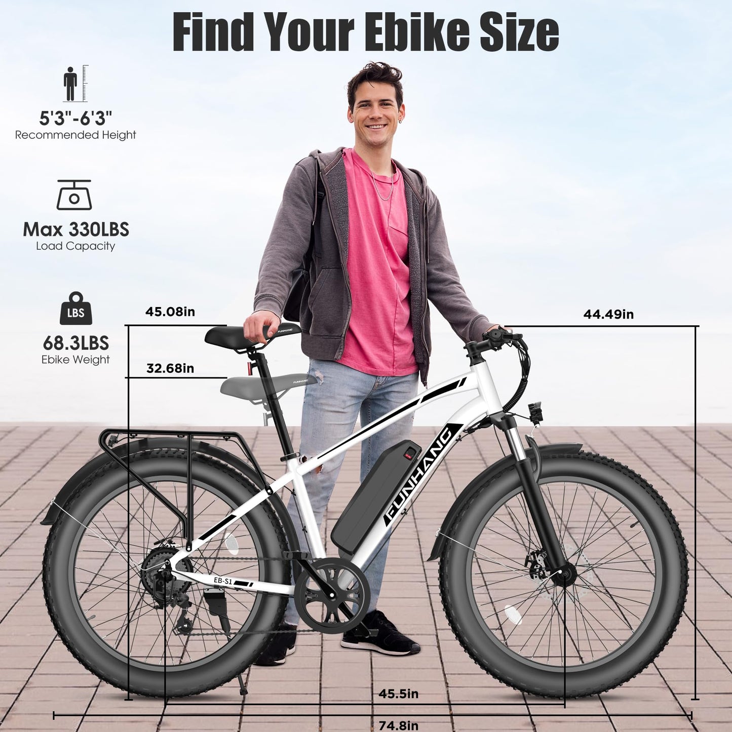 Funhang Electric Bike for Adults, Peak 1000W Ebike, 25MPH 60Miles Electric Mountain Bike, 26" Fat Tire Adult Electric Bicycle with 48V 13AH Battery, Rear Rack, 7 Speed, Front Suspension, Turn Signal