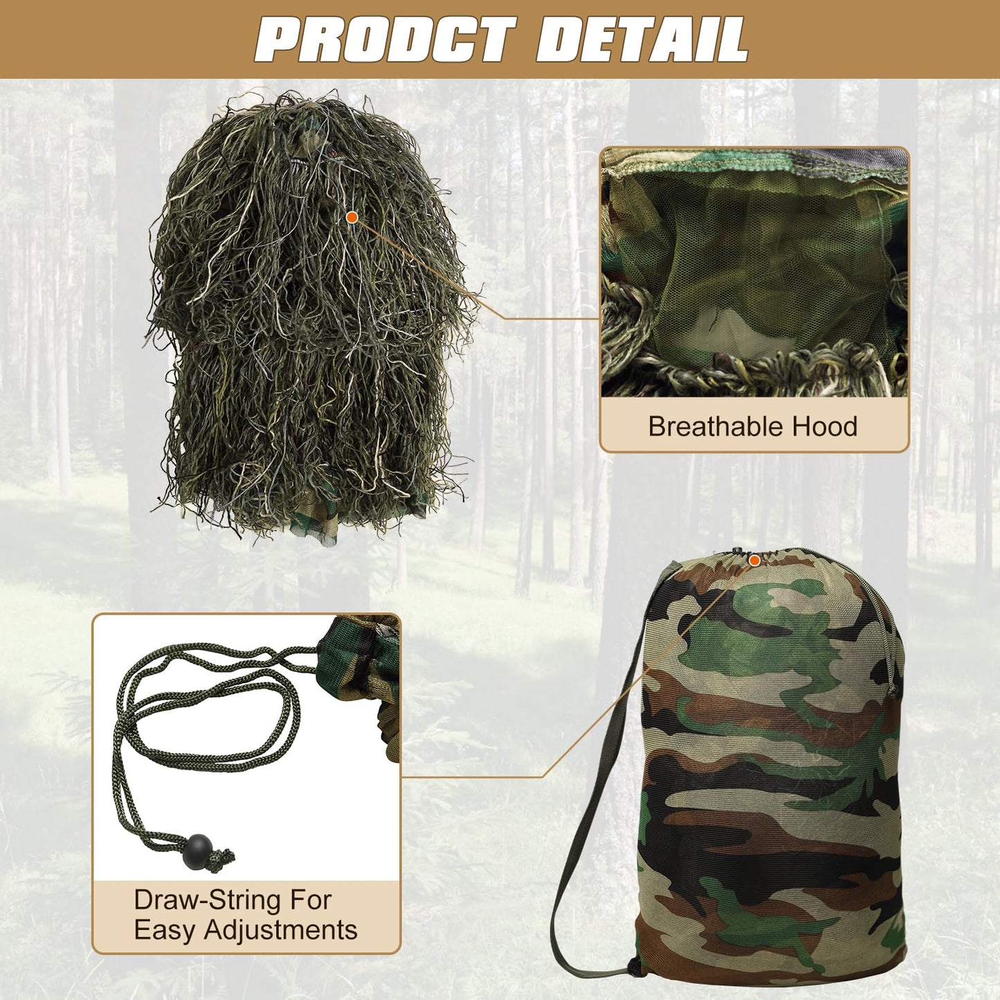 Ghillie Suit for Men, 5 in 1 Ghillie Suit Superior Camo Hunting Clothes for Kids/Youth Hunters, Military, Sniper Airsoft and Paintball