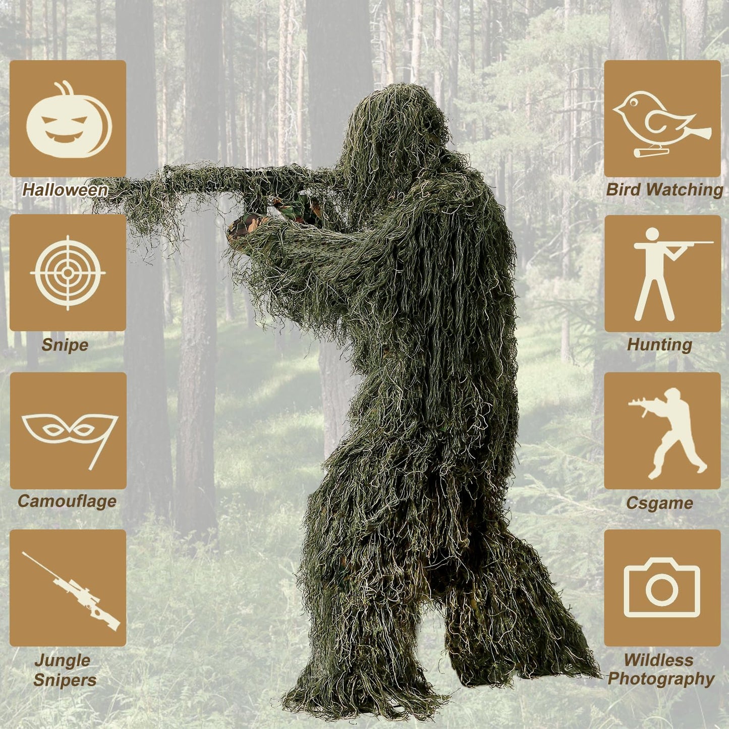 Ghillie Suit for Men, 5 in 1 Ghillie Suit Superior Camo Hunting Clothes for Kids/Youth Hunters, Military, Sniper Airsoft and Paintball