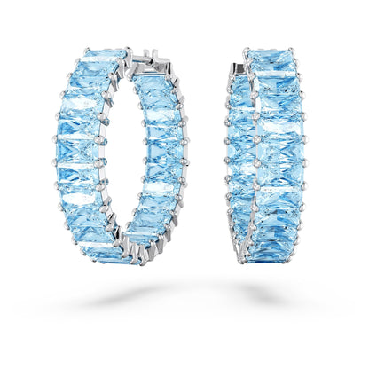 Swarovski Matrix Hoop Earrings with Princess Cut Blue Crystals on Rhodium Finished Setting, Part of the Swarovski Matrix Collection