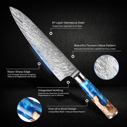 SENKEN 7-Piece Damascus Kitchen Knife Set - Tsunami Collection - 67-Layer Japanese VG10 Steel - Chef's Knife, Cleaver, Santoku, Bread, Boning, & More