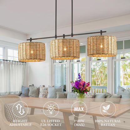 HLMRCHEN 41" Chandelier Woven Rattan Light Fixture with 3 Wicker Lampshades, Large Linear Boho Chandeliers Drum Pendant Lights Kitchen Island