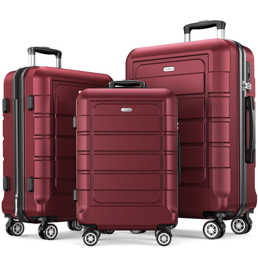 SHOWKOO Luggage Sets Expandable PC+ABS Durable Suitcase Double Wheels TSA Lock 3pcs Red Wine