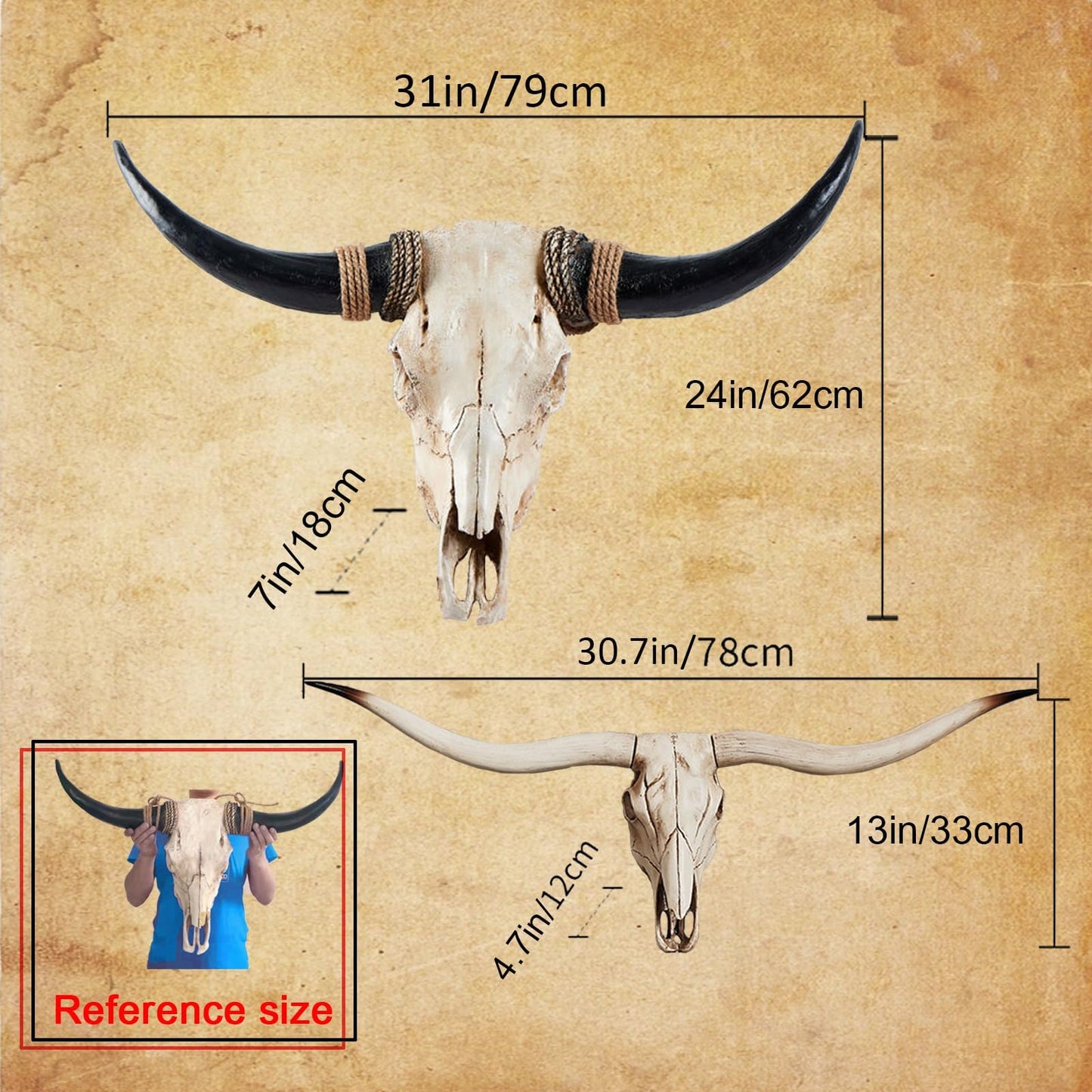 Faux Longhorn Skull Wall Decor, Faux Taxidermy Head Wall Hanging, Large Bull's Head Farmhouse Decor - 31*24 * 7inch