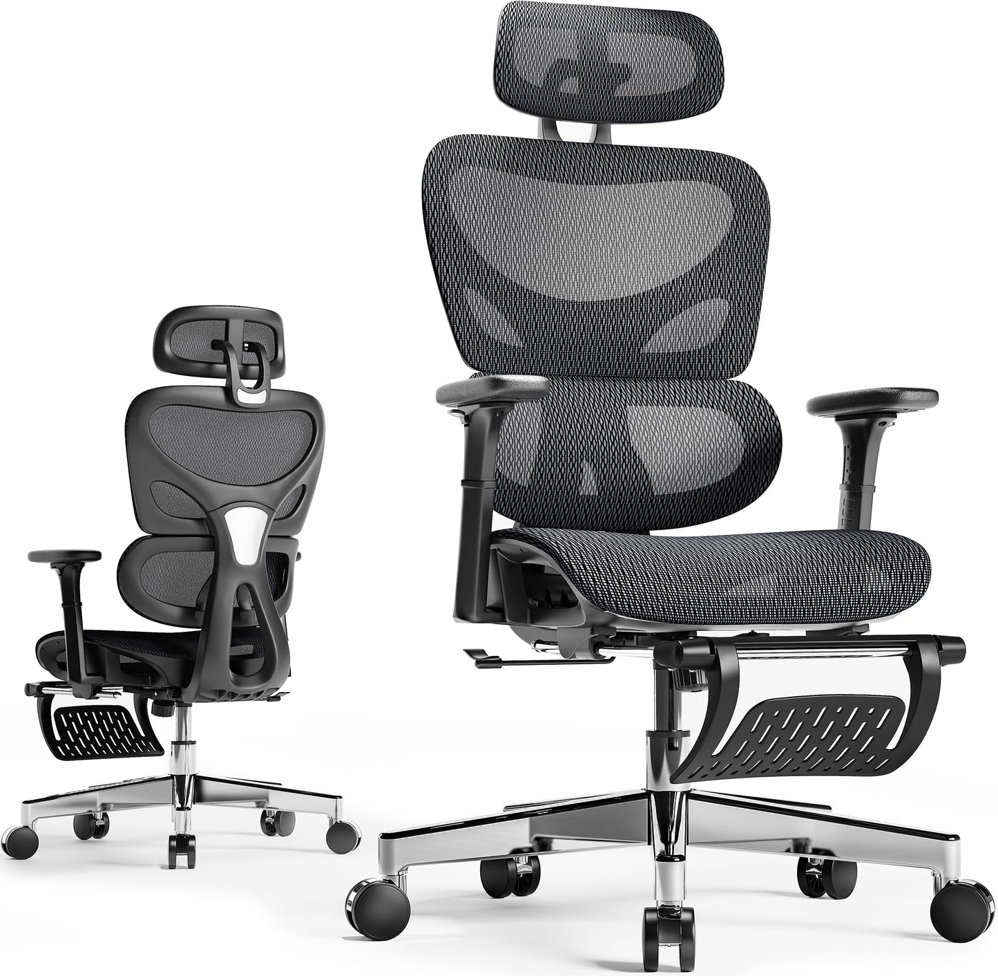 Huuger Mesh Office Chair with Footrest, Ergonomic Desk Chair with Lumbar Support, Comfortable Gaming Chair with Multi-tilt Angle Backrest, Headrest and 3D Armrest, Large Steel Base, Black