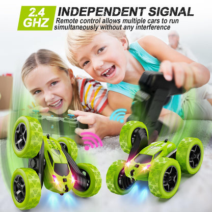 QUNREDA Remote Control Car for Kids Ages 6+, RC Cars Stunt Car Toy 4WD Double Sided 360° Rotating Remote Control with Headlights, Birthday Xmas Gifts for Boys 6 7 8 9 10 11 12 Green