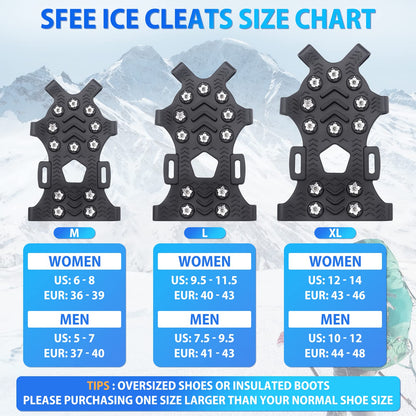 Sfee Crampons for Winter Boots, Upgraded Ice Cleats Stainless Steel Women Men Anti Slip Ice Traction Cleats Grips with Straps, Perfect for Hiking, Walking, Climbing, Ice Fishing(L)