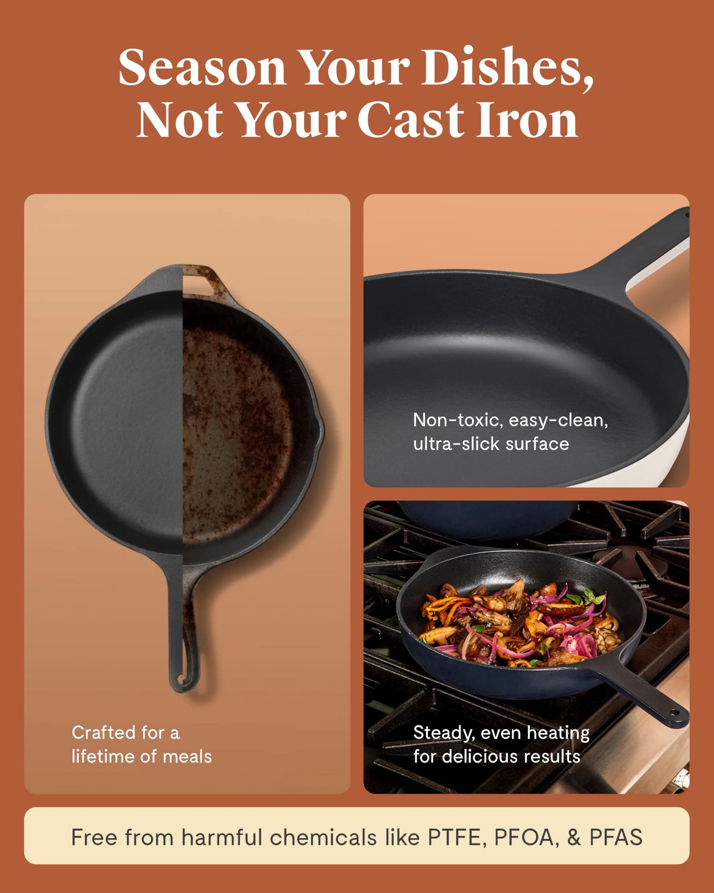 Caraway Cast Iron Skillet - 10.5” Enameled Cast Iron Pan With 3 Layer Enamel Coating - No Seasoning Required - Compatible With All Stovetops - Free From Forever Chemicals - Cream