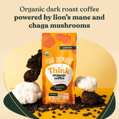 Four Sigmatic Focus Mushroom Coffee | Organic Ground Coffee with Lion's Mane Mushroom and Chaga for Better Focus and Immune Support | 12oz Bag