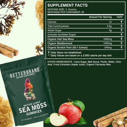 Betterbrand BetterLungs Sea Moss Gummies 1600mg Organic Irish Sea Moss for Lung and Immune System Support 1000mg Organic Bladderwrack and Burdock Root - 60 Count Apple Flavored (30 Days Supply)