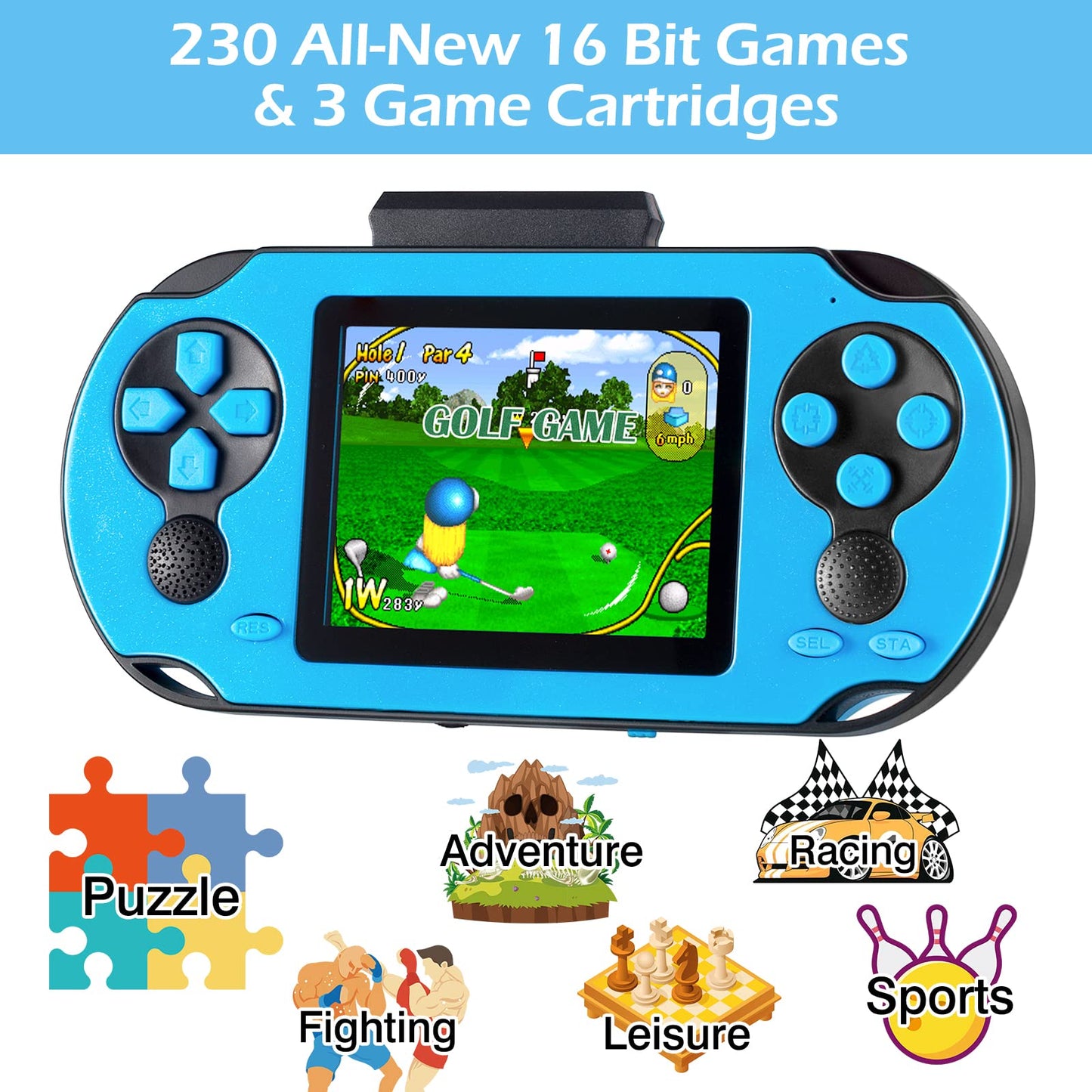 TaddToy 16 Bit Handheld Game for Kids Adults, 3.0'' Large Screen Preloaded 230 HD Classic Retro Video Games with USB Rechargeable Battery & 3 Game Cartridges for Birthday Gift for Kids 4-12 (Blue)