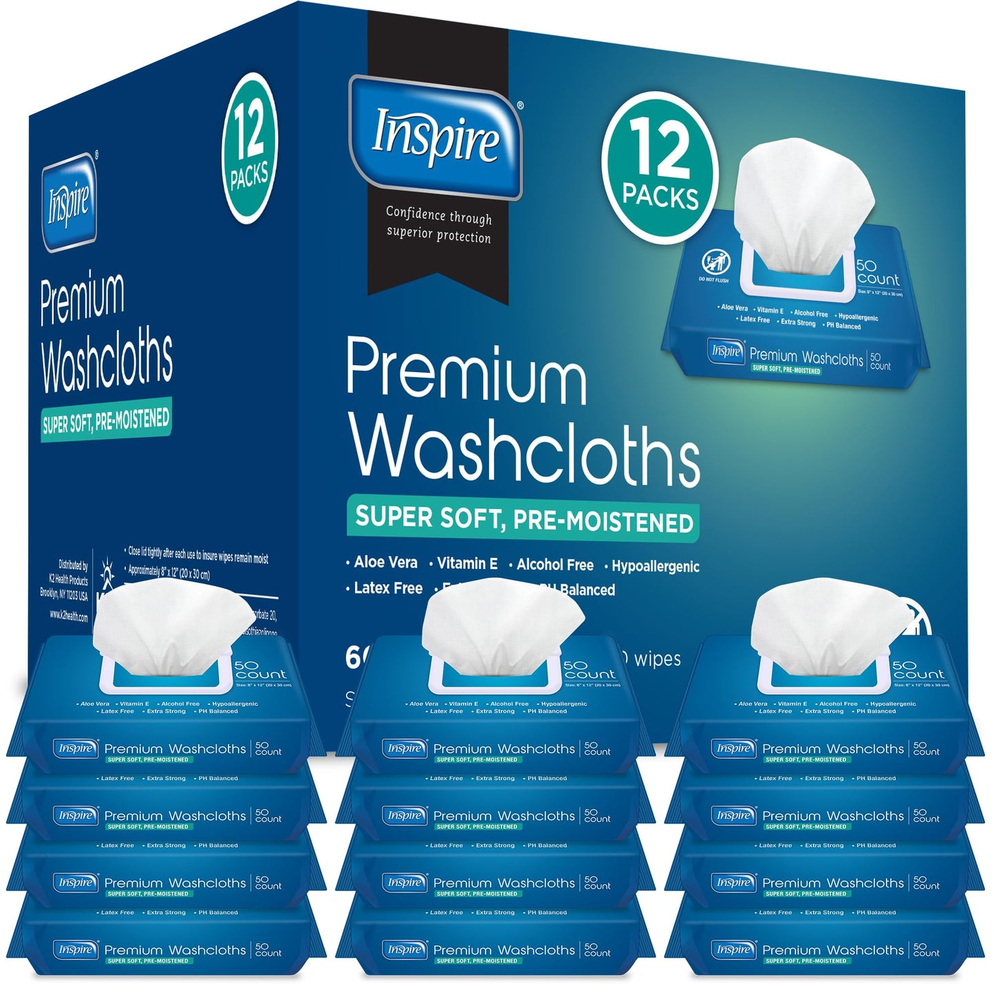 Inspire Adult Wet Wipes, Wash Cloths | Adult Wipes for Incontinence & Cleansing for Elderly, 8"x12" Count 12 packs of 50