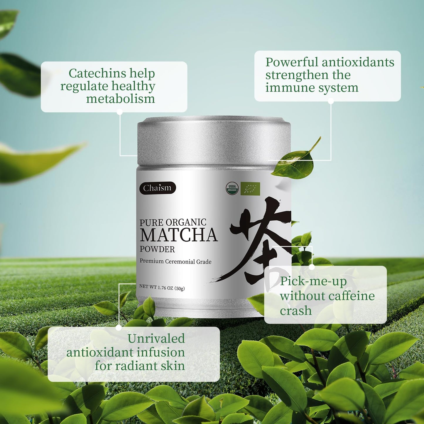 Chaism Ceremonial Grade Matcha Green Tea Powder - Premium First Harvest USDA Organic Gluten-Free Vegan, 100% Pure Unsweetened No Additives, 1.76oz Tin