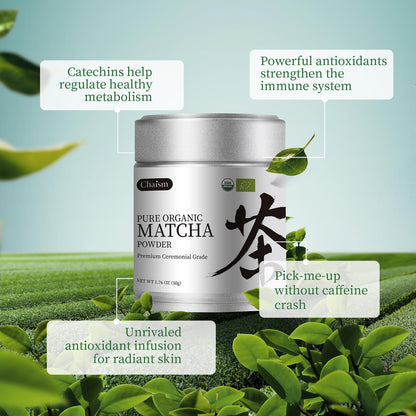 Chaism Ceremonial Grade Matcha Green Tea Powder - Premium First Harvest USDA Organic Gluten-Free Vegan, 100% Pure Unsweetened No Additives, 1.76oz Tin