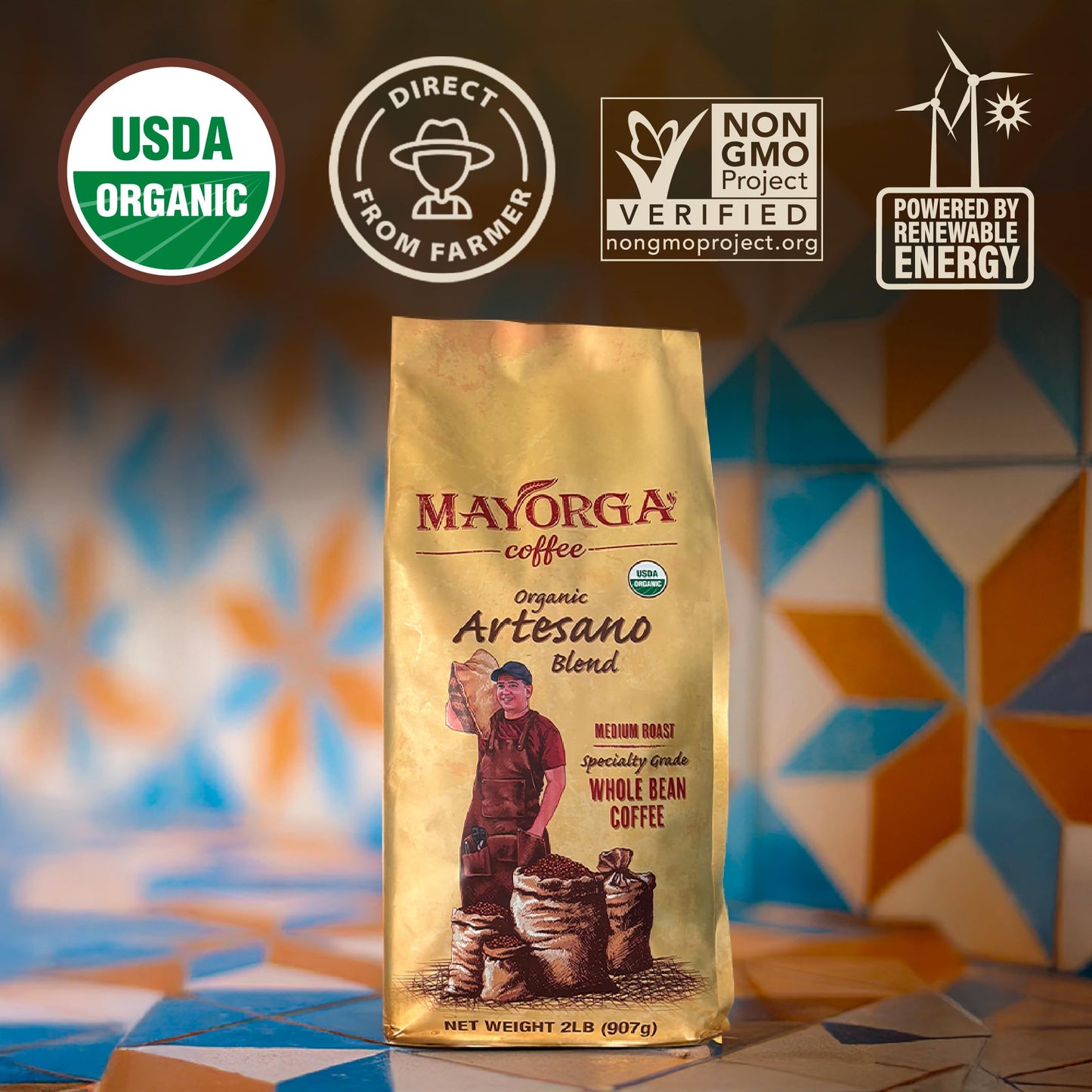 Mayorga Organic Coffee 2lb Artesano Blend - Medium Roast Whole Bean Coffee Speciality Grade, 100% Arabica, Slow Roasted, Chocolate and Nutty Flavor with Low Acidity - USDA Organic, Non-GMO, Kosher