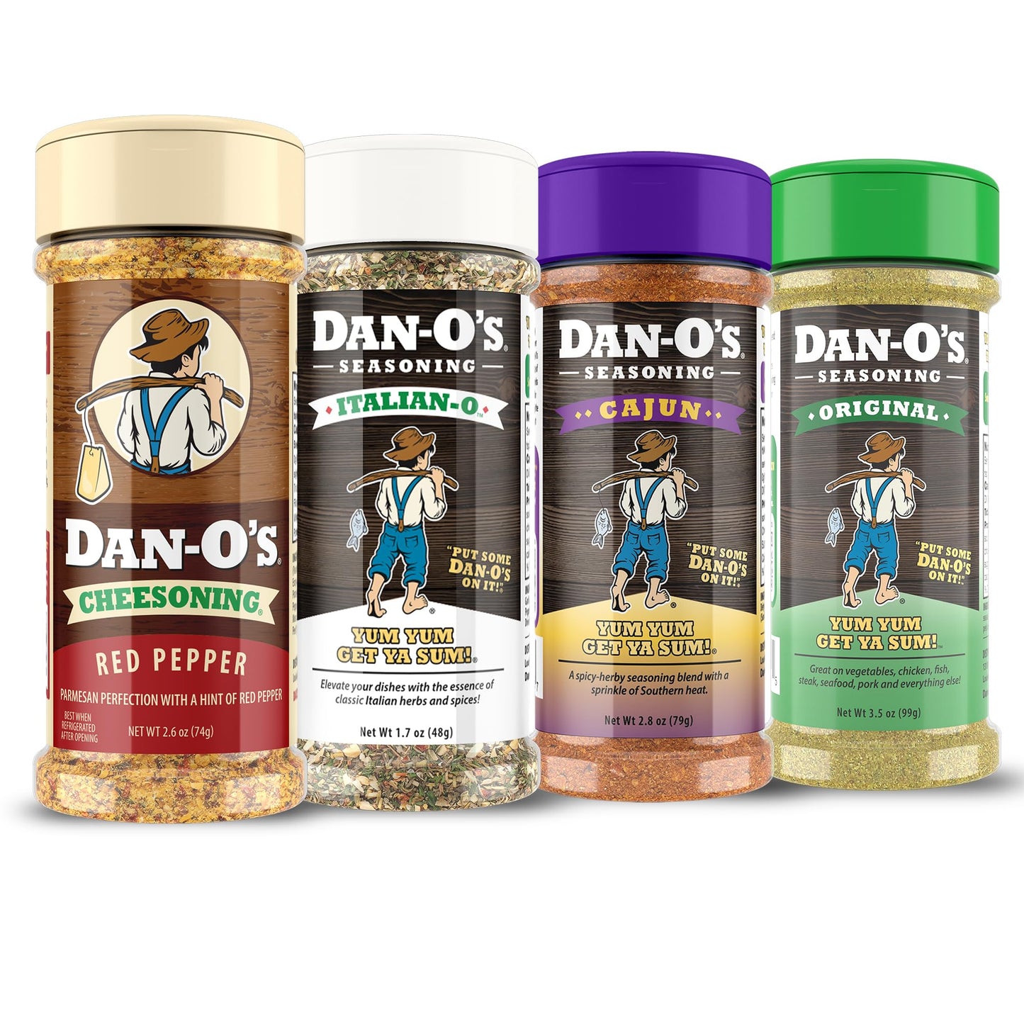 Dan-O's Seasoning - All-Purpose Seasoning & Spices for Cooking & Grilling Anything - meat, vegetables, snacks, popcorn seasoning - Small bottle 4 Pack | Red Pepper Cheesoning®, Cajun, Italian-O™ & Original