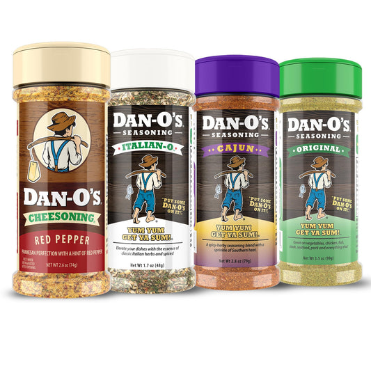 Dan-O's Seasoning - All-Purpose Seasoning & Spices for Cooking & Grilling Anything - meat, vegetables, snacks, popcorn seasoning - Small bottle 4 Pack | Red Pepper Cheesoning®, Cajun, Italian-O™ & Original