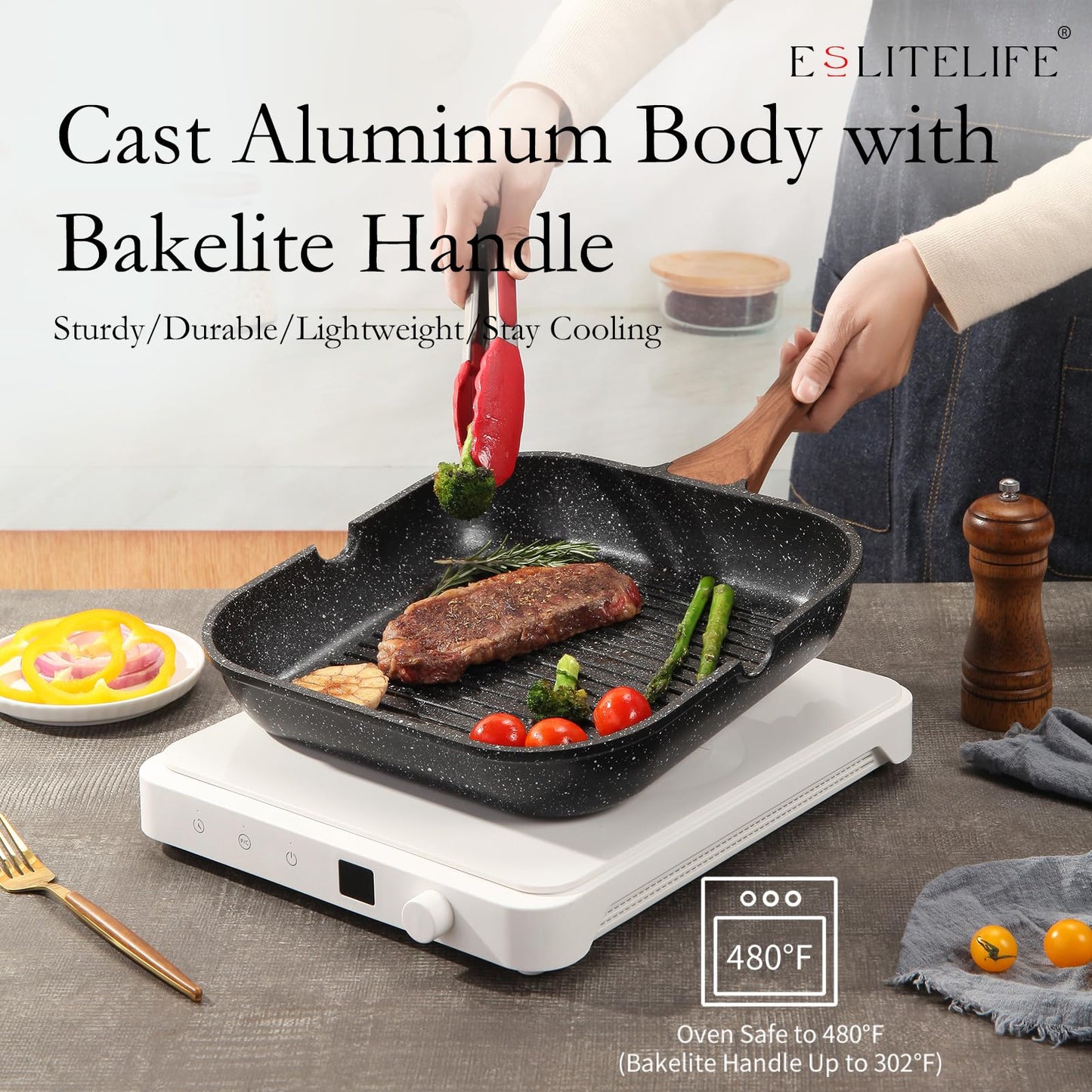 ESLITE LIFE 11 Inch Nonstick Grill Pan with Lid for Indoor Cooking, Versatile Induction Square Large Grilling Skillet Steak Pan for Stove Tops, PTFE & PFOA Free, Black