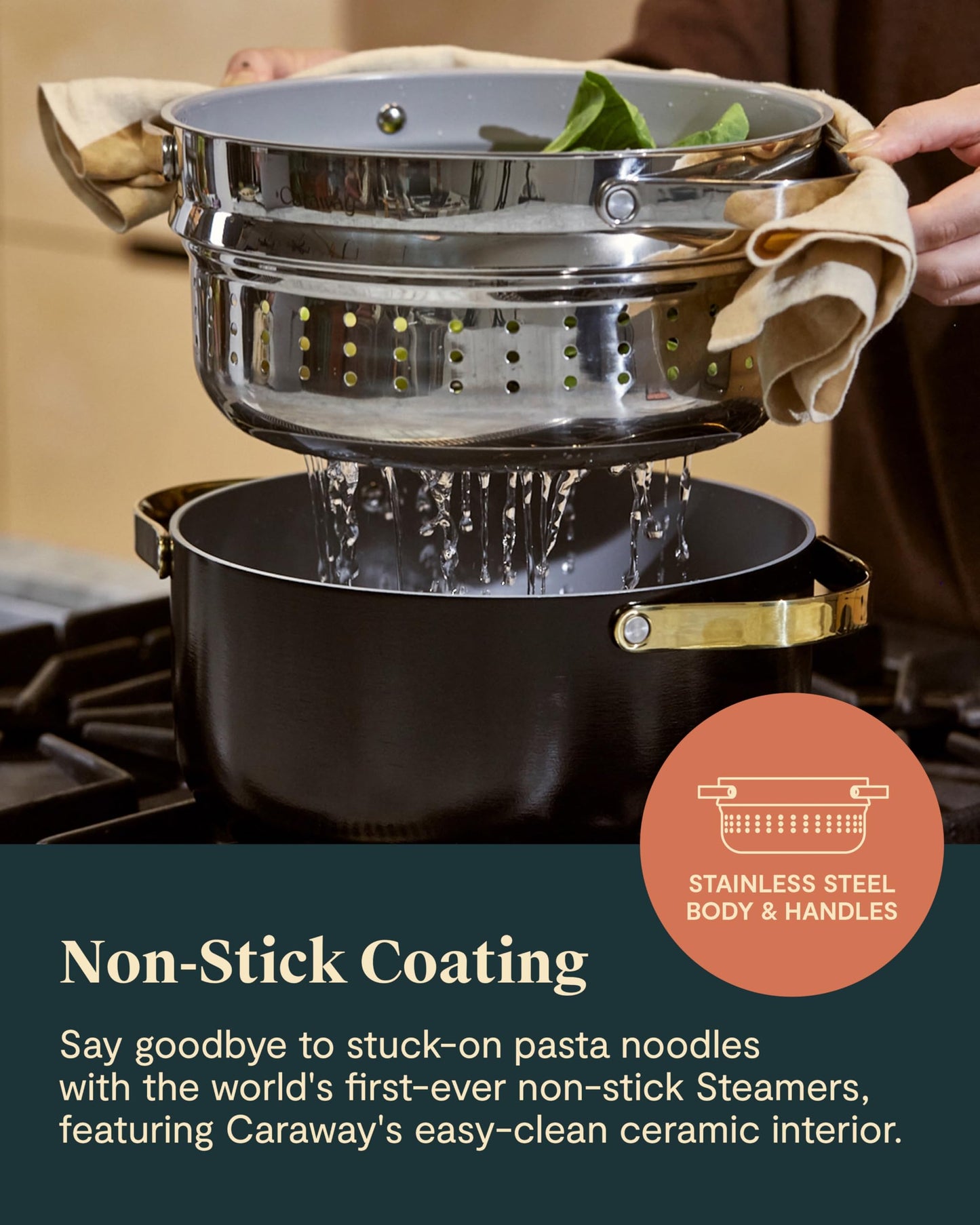 Caraway Steamer Duo - Stainless Steel Steamer with Handles - Non Stick, Non Toxic Coating - Steam Veggies, Seafood, and More - Compatible With Our Dutch Oven or Sauce Pan