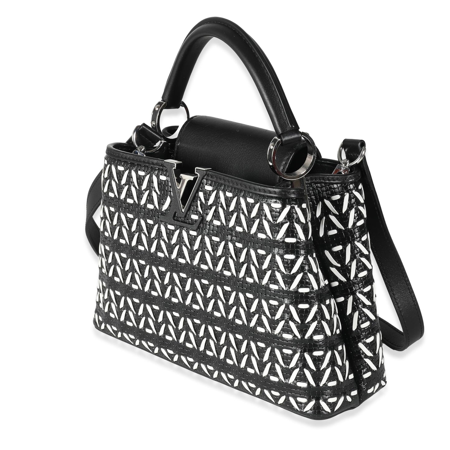 Louis Vuitton, Pre-Loved Black White Woven Calfskin Tressage Capucines BB