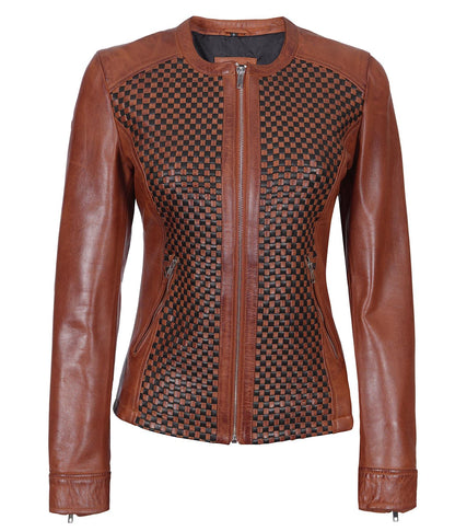 Blingsoul Womens Brown Leather Jacket With Black Textured Style - Cafe Racer Leather Jacket For Women | [1311534] Maude Brown, L