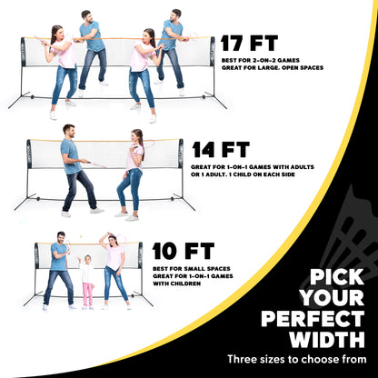 Boulder Badminton Pickleball Net - Height Adjustable Portable Net for Kids Volleyball, Junior Tennis and Backyard Games - Easy Setup Outdoor or Indoor Sports Net with Poles (17ft Black/Yellow)