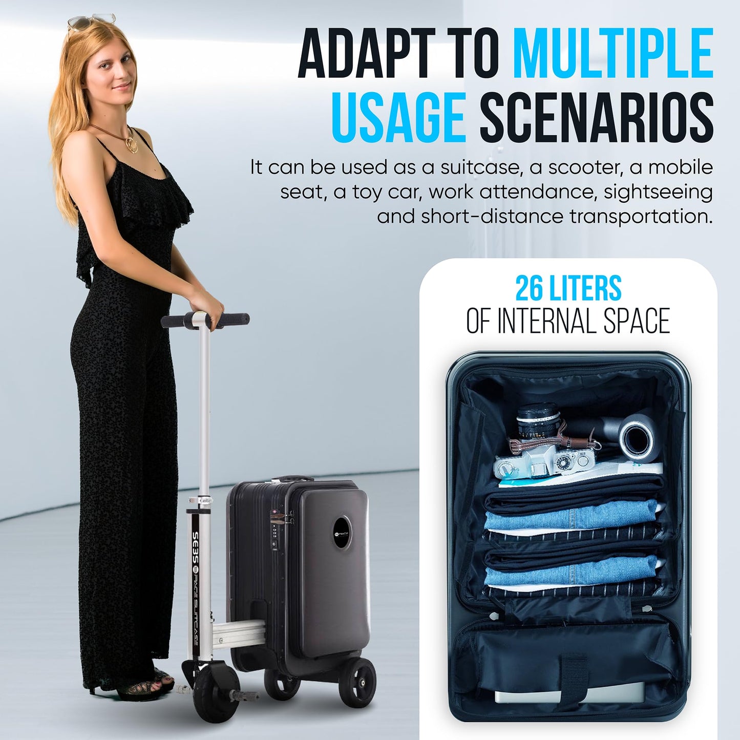 Space Suitcases Smart Rideable Suitcase 26L, Lightweight Electric Luggage Scooter For Travel With Digital Lock, Waterproof And Lightweight (Silver)