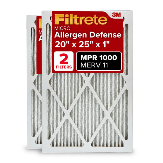 Filtrete 20x25x1 AC Furnace Air Filter, MERV 11, MPR 1000, Micro Allergen Defense, 3-Month Pleated 1-Inch Electrostatic Air Cleaning Filter, 2 Pack (Actual Size 19.688 x 24.688 x 0.84 in)