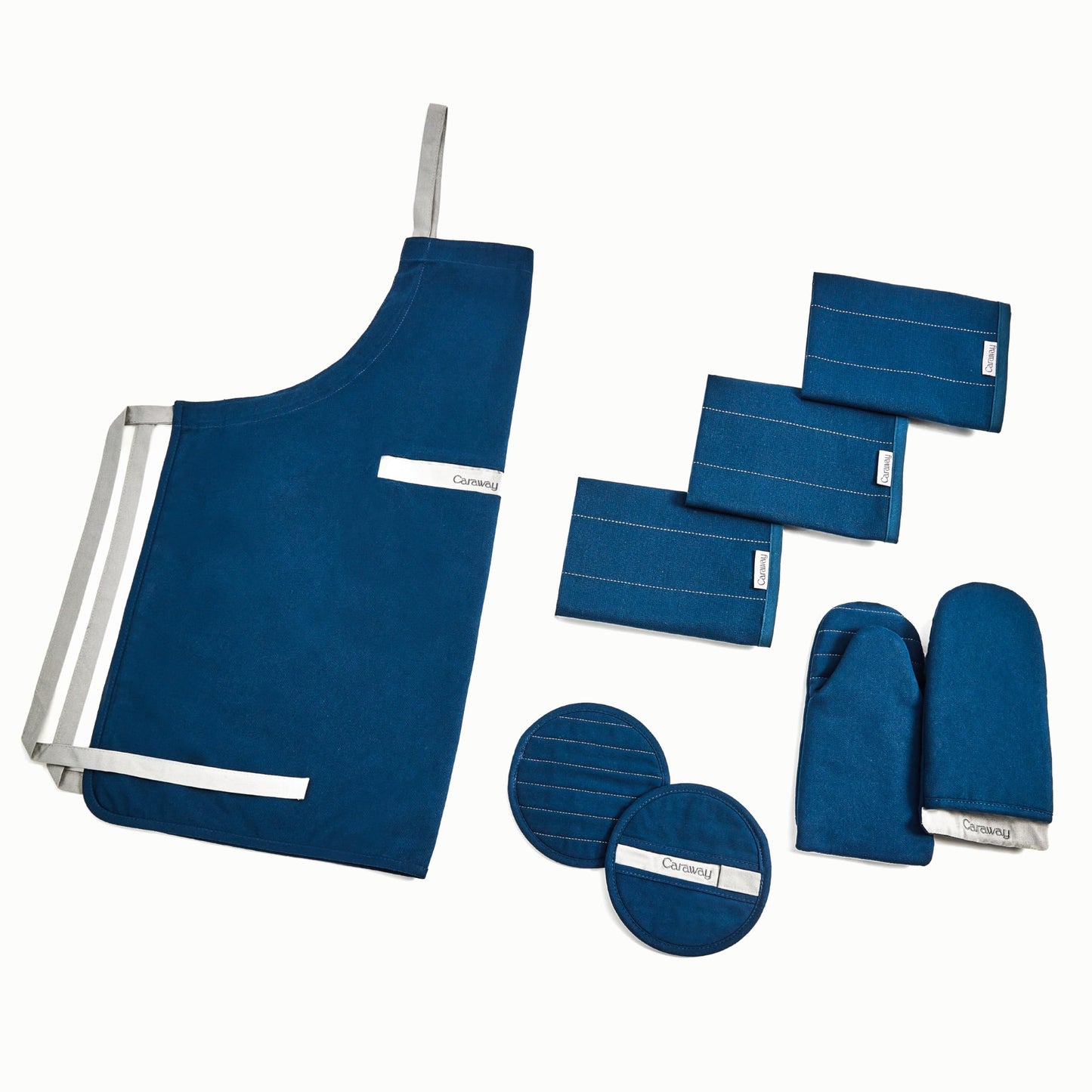 Caraway Linen Set - Apron, Pot Holders, Oven Mitts, & Tea Towels - 100% Organic Cotton - Durable, Machine Washable - Navy